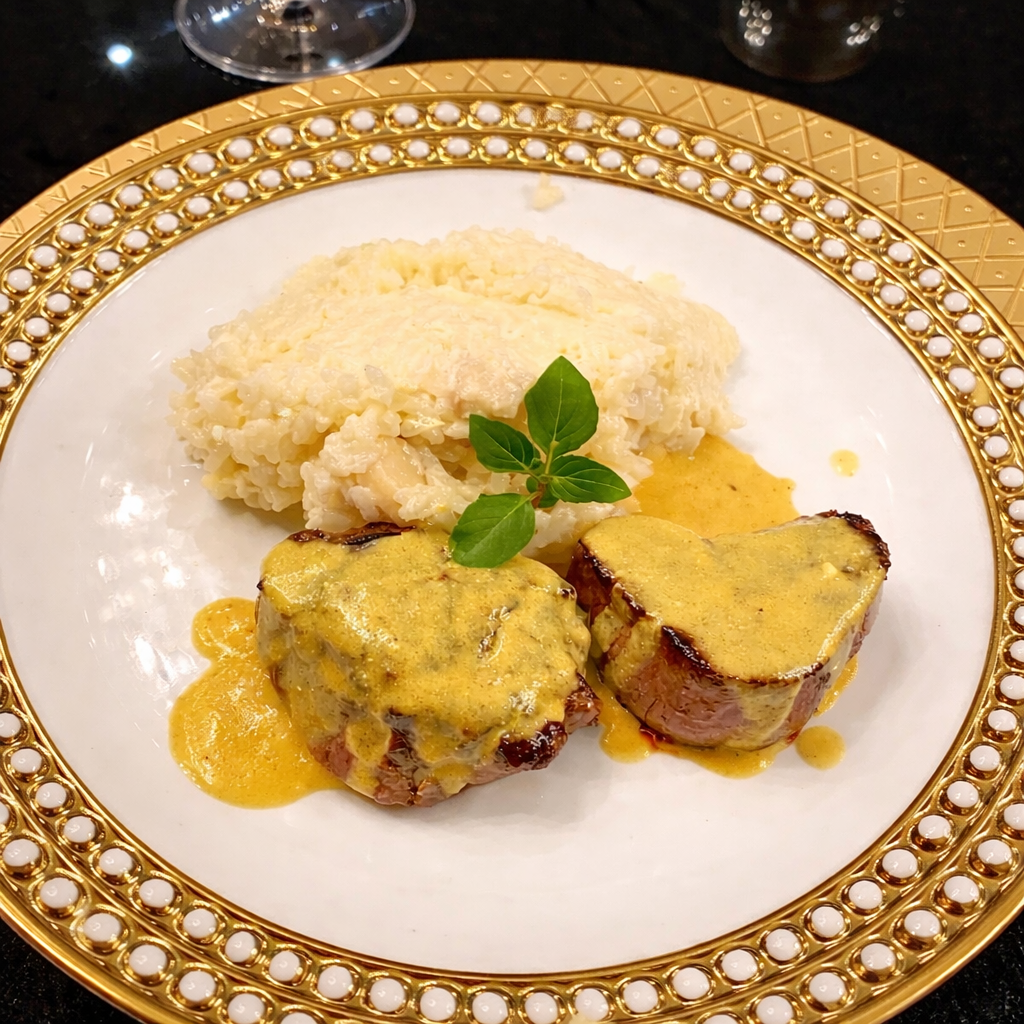 Filé mignon ao molho de mostarda servido como inspiração para o menu especial