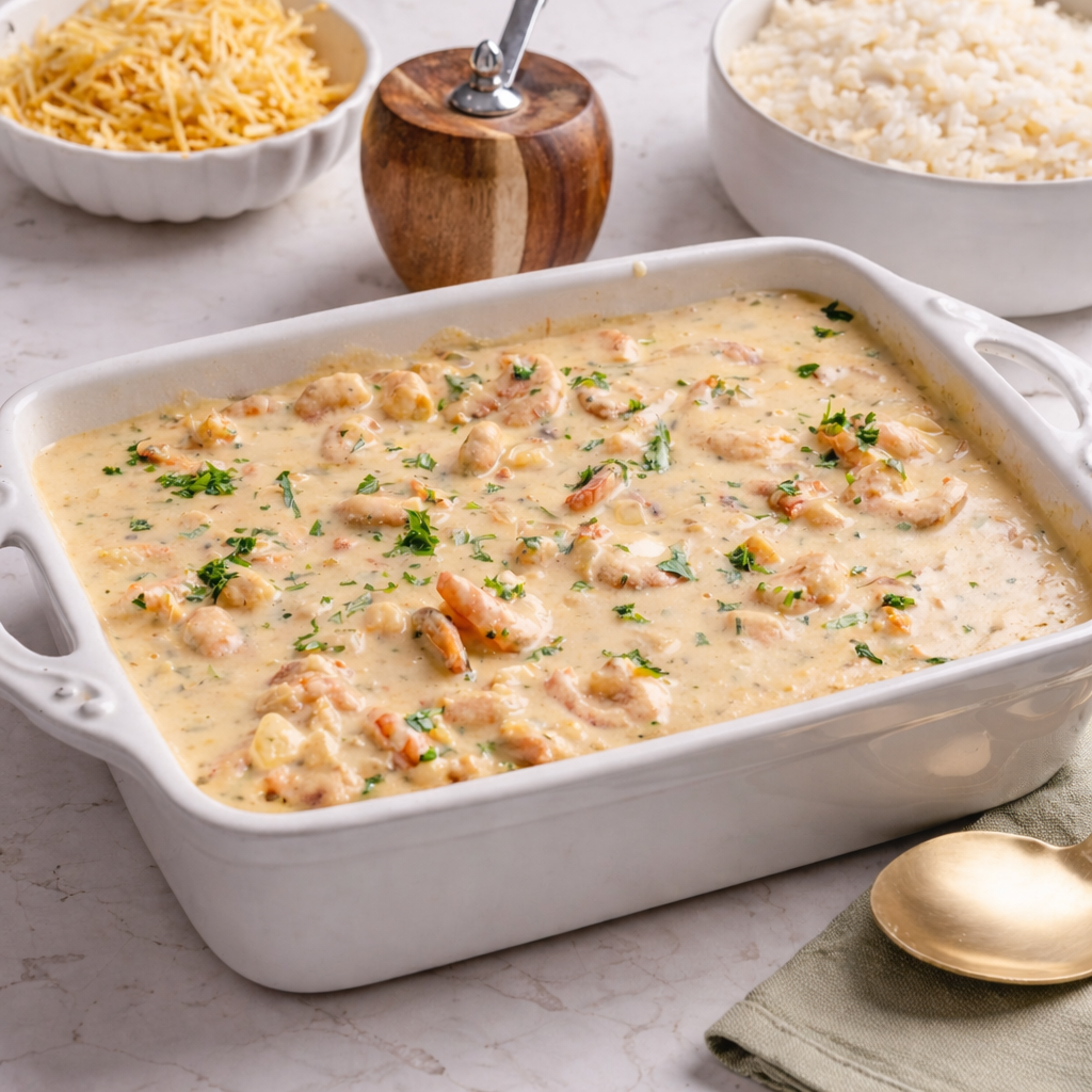 Estrogonofe de camarão servido como inspiração para o menu especial